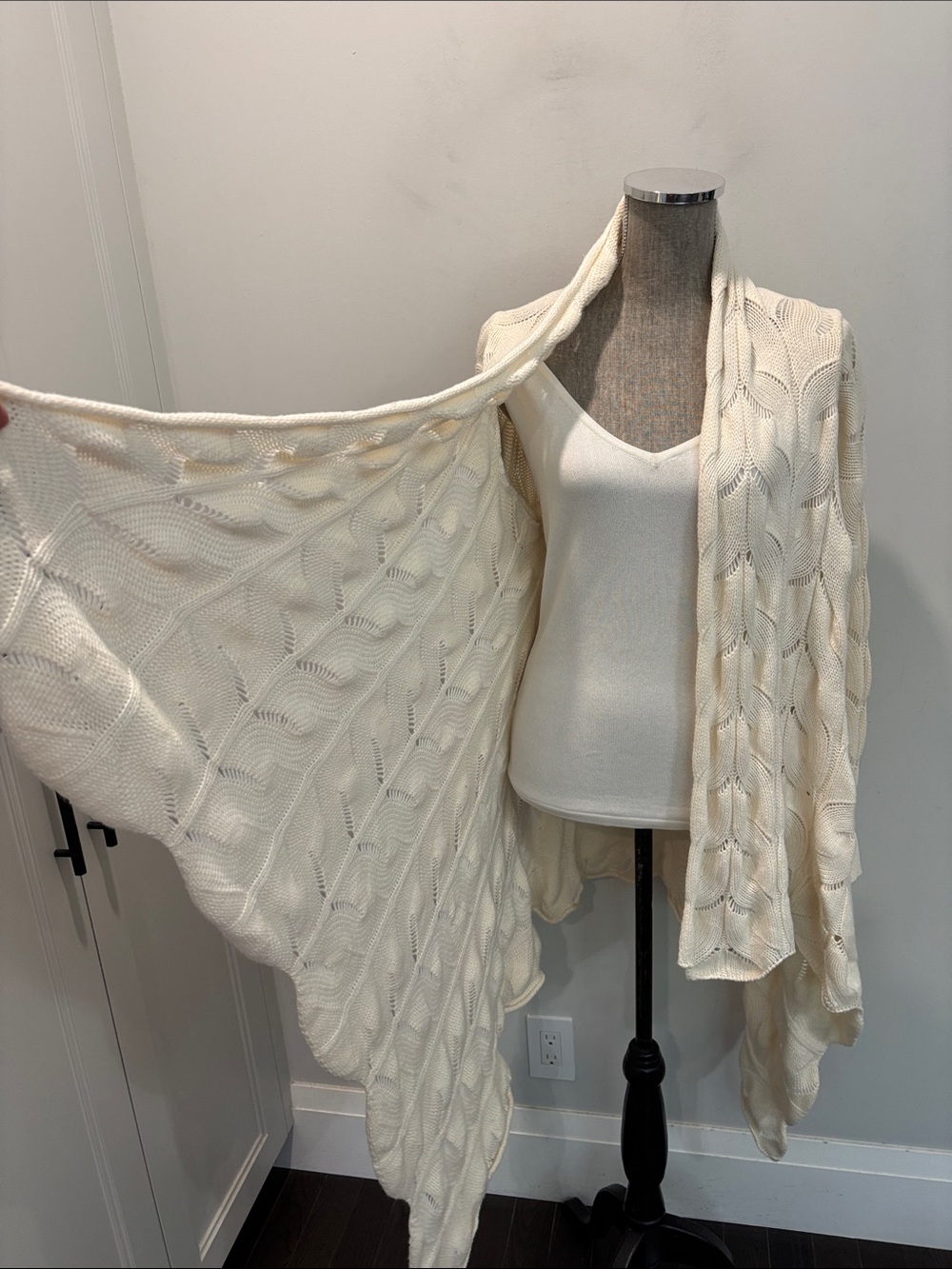 Monari Cream Merino Wool Cashmere Cable Knit Draped Cardigan L/XL Italy - Picture 6 of 15